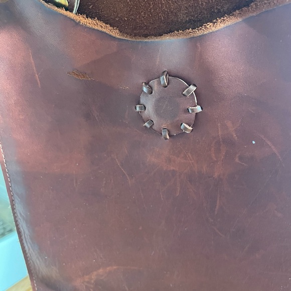 Genuine Leather Brown Crossbody Satchel Bag with Shearling Fur Trim - Picture 6 of 10